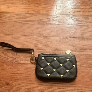 Betsey Johnson Black Quilted Wristlet with Gold Heart Accents